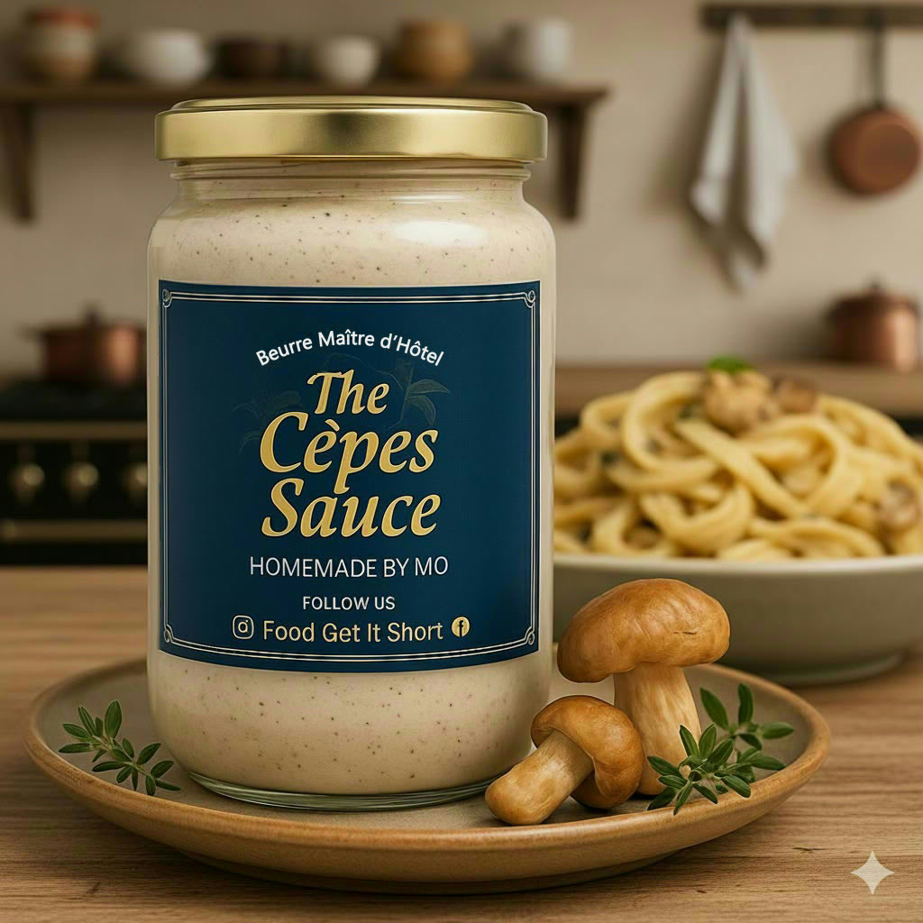 Jar of The Cèpes Sauce beside mushrooms and a bowl of pasta