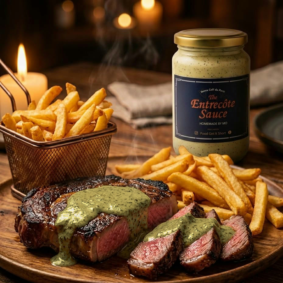 Grilled entrecôte with warm Entrecôte Sauce, fries and the jar on a wooden board